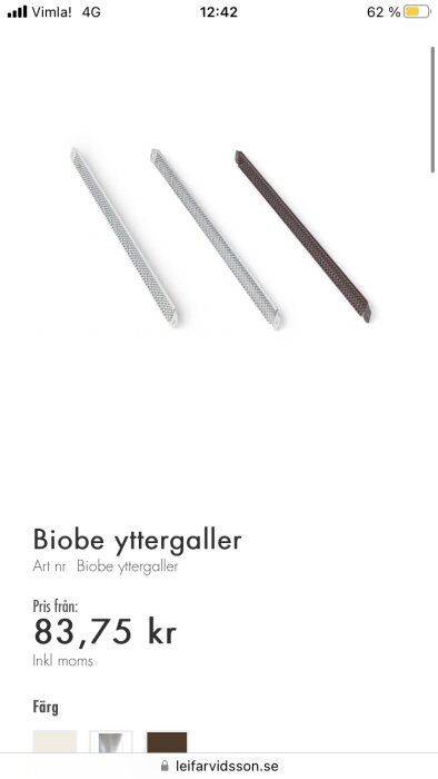 Biobe yttergaller i två färger från en webbutik, avsedda för ventilation i byggprojekt.