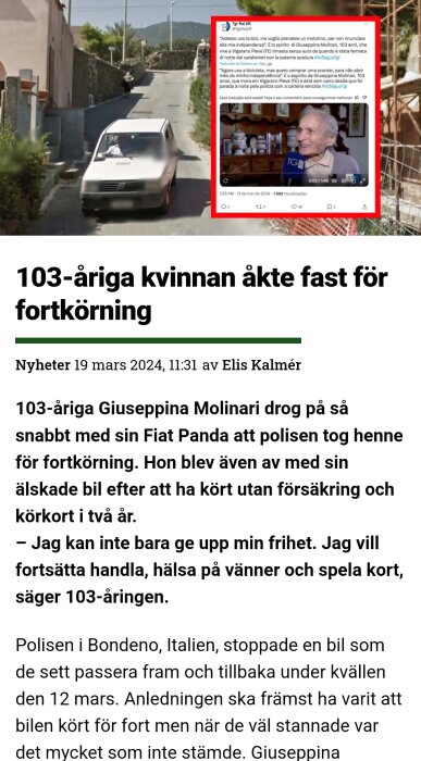 Skärmdump av en artikel om en 103-årig kvinna som fått sitt körkort indraget efter fortkörning med sin Fiat Panda.