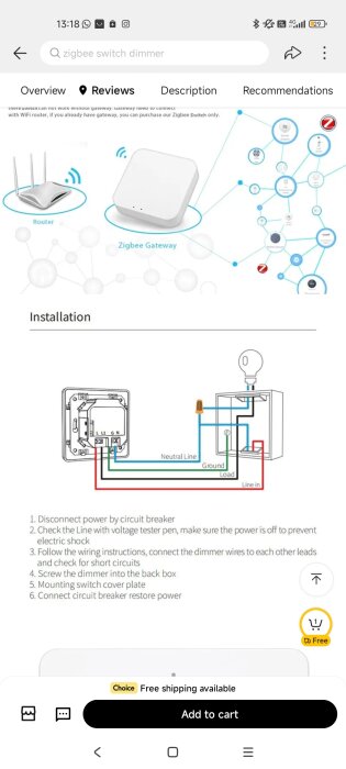 Skärmbild som visar en Zigbee-switchdimmer, kopplingsschema och installationsinstruktioner.