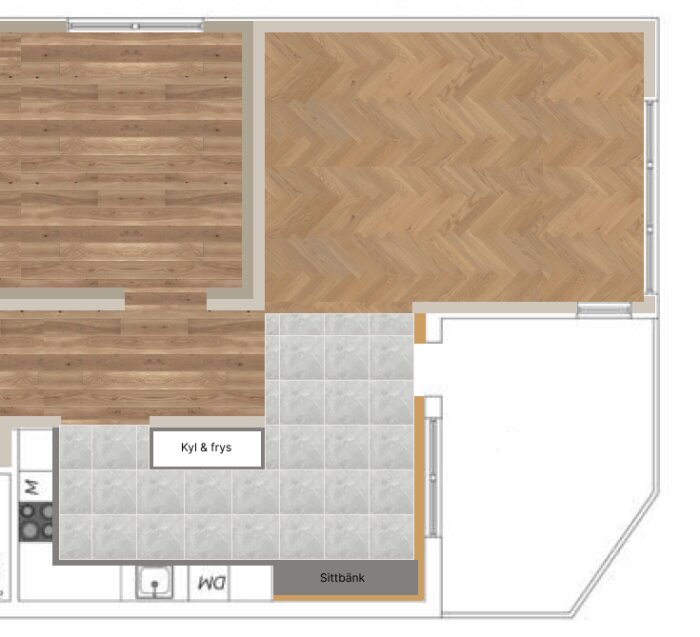 Skiss av en lägenhets layout med markering av olika golvmaterial och inredningsdetaljer som kyl, frys och sittbänk.