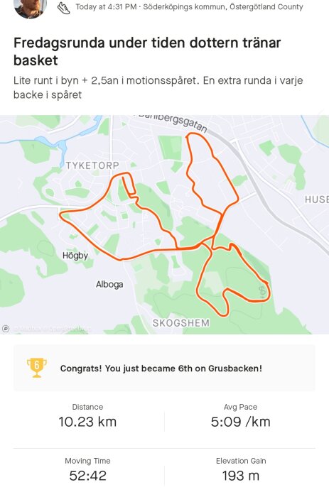 Skärmavbild av löpsträcka med statistik som visar 10.23 km sprungit, tidsåtgång och höjdvinst.