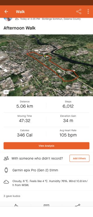 Schermata di attività fisica con mappa del percorso di camminata, distanza di 5.06 km, 6012 passi e altre metriche di allenamento.