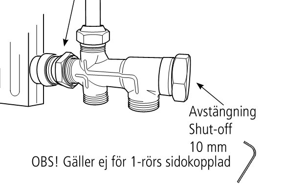 Illustration av en MMA Flex-radiatoranslutning med avstängningsventil och notis om ej lämplig för 1-rörs sidokopplad.