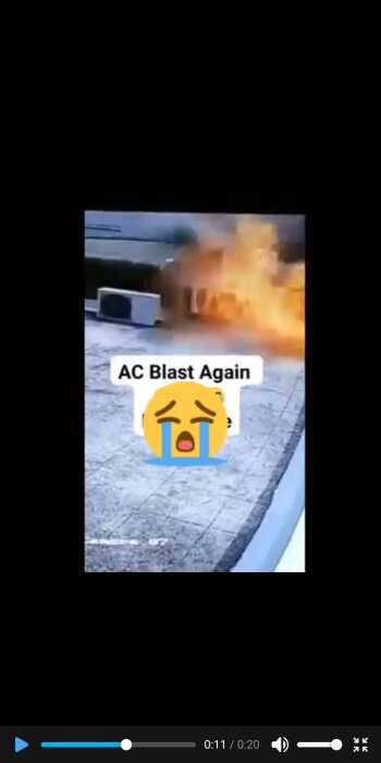 En luftkonditioneringsenhet som exploderar på taket med lågor och texten "AC Blast Again".