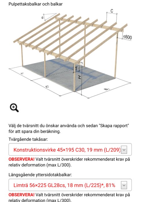 3D-illustration av pulpettakskonstruktion med mått och tvärsnittsrekommendationer för balkar.