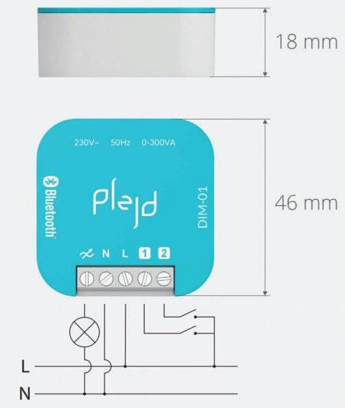 Illustration av Plejd enhet med mått och elektrisk anslutningsschema.