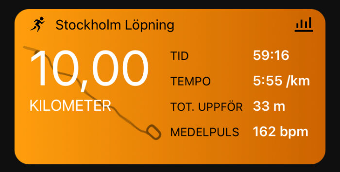 Display med löpresultat: 10 km avklarade, tid 59:16, tempo 5:55/km, total stigning 33 m, puls 162 bpm.