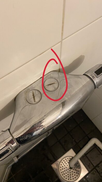 Röd ring markerar två skruvar på en duschblandare som behöver verktyg för att demonteras.