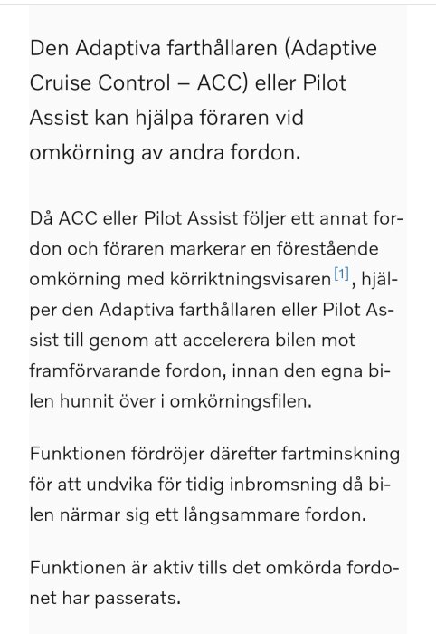 Skärmdump av en text som beskriver funktionen av en Adaptiv farthållare eller Pilot Assist i ett fordon.