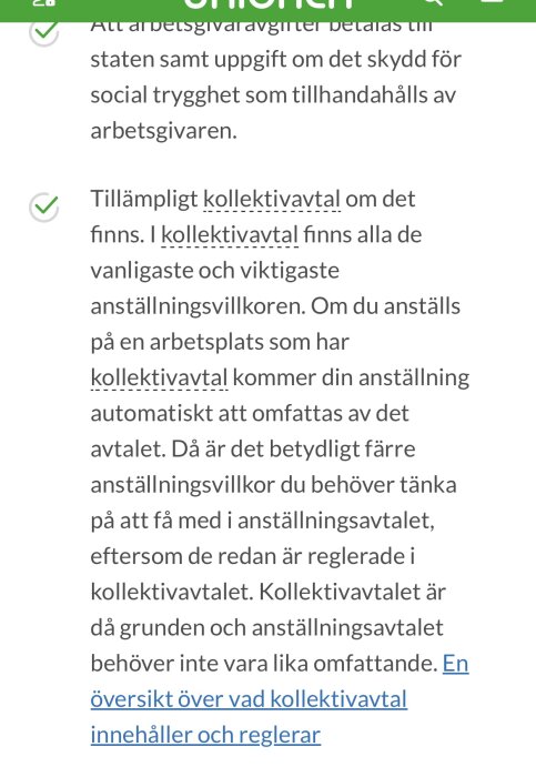 Skärmdump av webbsida som diskuterar relationen mellan anställningsavtal och kollektivavtal.