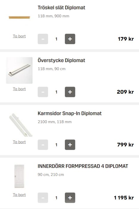 Dörrkomponenter med priser: tröskel, överstycke, karmsidor och innerdörr, för byggprojekt.