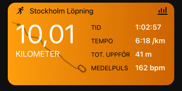 Löparappskärmdump visar 10,01 kilometer löpning i Stockholm med tid 1:02:57, tempo 6:18/km, total uppför 41 m, medelpuls 162 bpm.