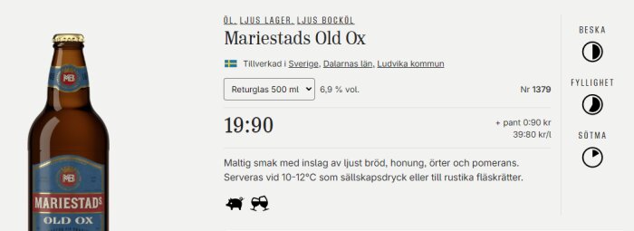 Flaska av Mariestads Old Ox ljus lager öl med pris- och produktinformation.