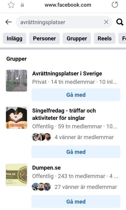 Skärmdump av Facebooksökning visar grupp för avrättningsplatser i Sverige med skogsbild.