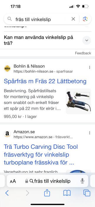 Skärmbild av en sökresultatsida på en mobiltelefon med texten "fräs till vinkelslip".