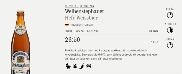 Flaska Weihenstephaner Hefe Weissbier med etiketter, information om tyskt ursprung, volym och alkoholprocent presenteras på sidan.