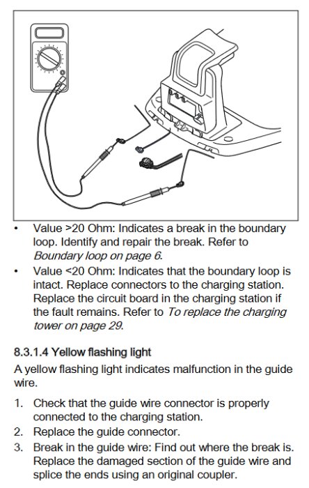 Instruktionsbild för felsökning av guidekabel med multimeter och kopplingsschema vid gulblinkande lampa.