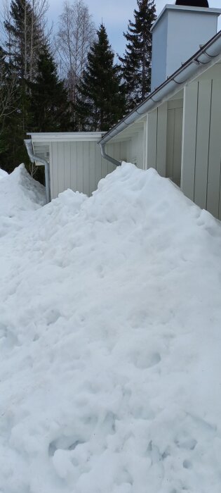Stor snödriva framför ett hus med takränna och skog i bakgrunden.