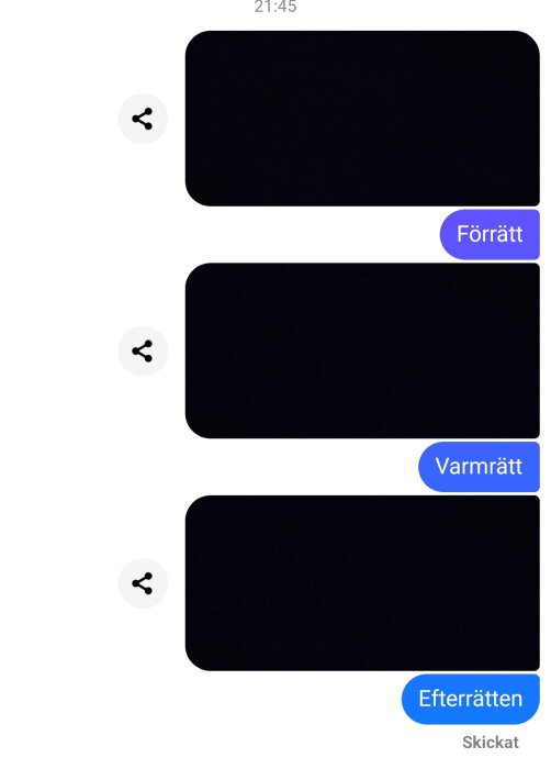 Skärmdump från en chattkonversation med tre svarta rektanglar markerade som "Förrätt", "Varmrätt", "Efterrätten".