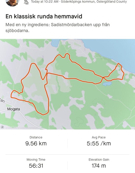 Löprunda med GPS-spår på karta, 9.56 km, tid 56:31, snittempo 5:55/km, höjdskillnad 174 m.