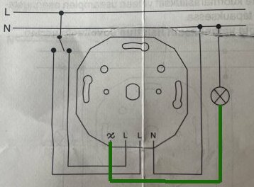 Elkopplingsschema som visar anslutning av tråd från dimmer till lampa.