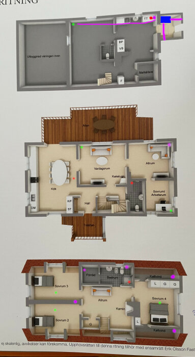 3D-planritning av ett flervåningshus med markerade luftventiler och riktning för luftflöden.