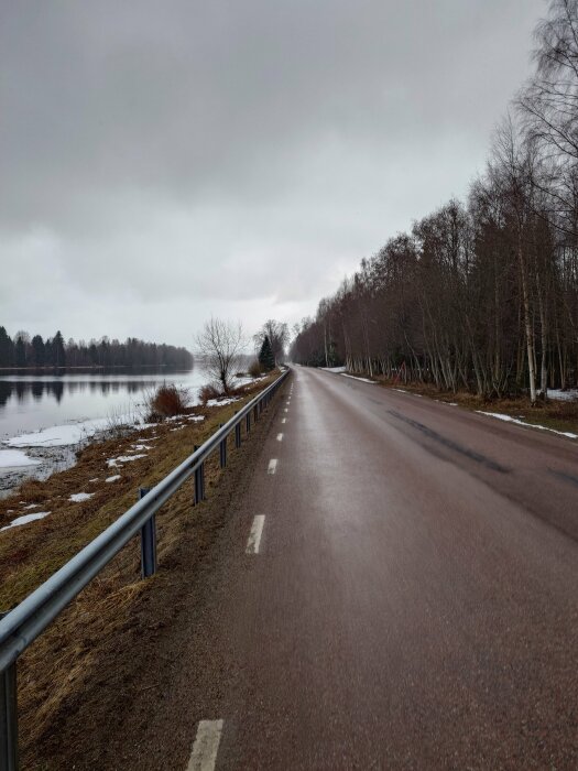 En tom landsväg med räcke som löper parallellt med en frusen sjö, omgiven av lövfällande träd. Grå himmel ovanför.