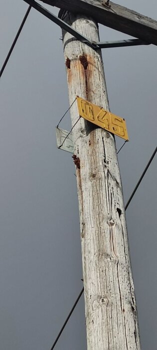 Gammal telefonstolpe med nummerskylt och kabel.
