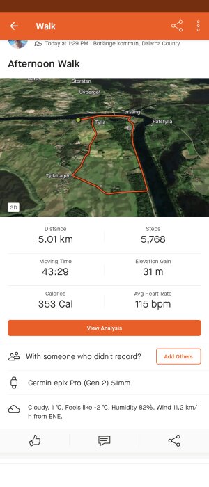 Skärmdump av aktivitetsöversikten från en promenad med kartspår och statistik som visar sträcka, tid och kaloriförbränning.