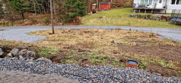 Ogräsbevuxen och lerig tomt framför hus med gräsmatta och tujor som målbild.