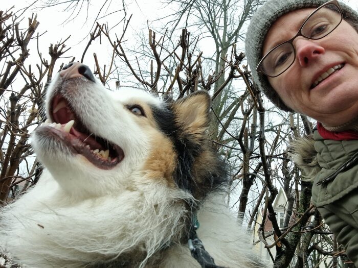 Person och hund tar en selfie utomhus, hunden ser uppåt och personen ler mot kameran.