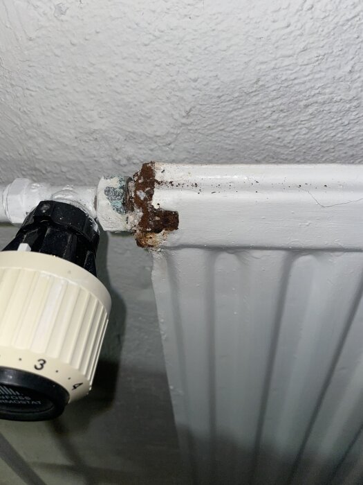 Rostskada på vitmålat radiatorrör med termostatventil i en källare.