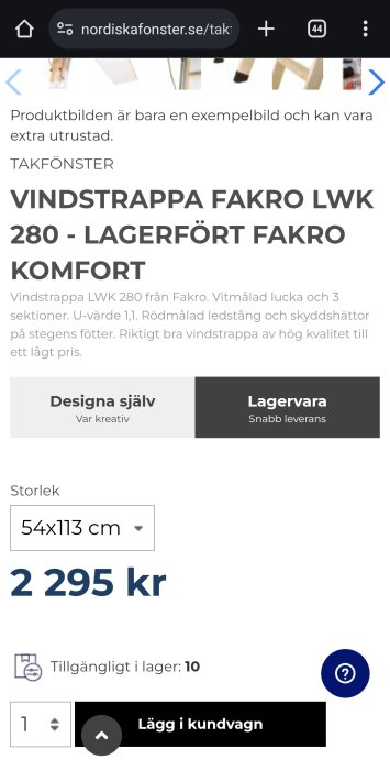 Skärmdump av webbsida som visar Fakro LWK vindstrappa med pris och produktinformation.