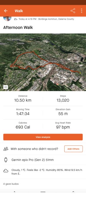 Skärmdump av träningsapp som visar karta och statistik över en eftermiddagspromenad på 10,50 km i Borlänge kommun.