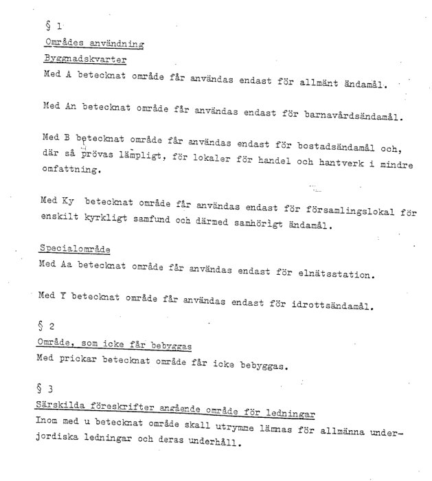 Skärmdump av dokument med detaljplan för byggområde, text om användning och restriktioner.