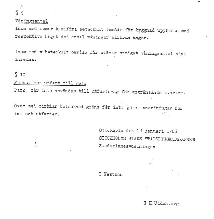 Utdrag ur en äldre detaljplan med text gällande våningsantal och förbud mot utfart, daterad 18 januari 1966.