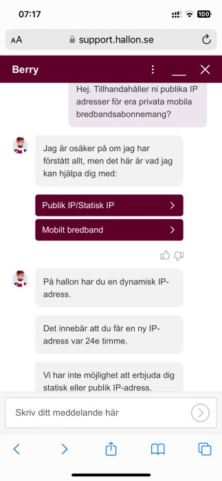 Skärmdump av en kundtjänstkonversation angående förfrågan om publika IP-adresser för mobilt bredband.