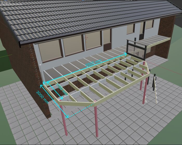 3D-modell av en utökad balkongstruktur med måttangivelser, stöttad av fyra stolpar, intill ett hus.