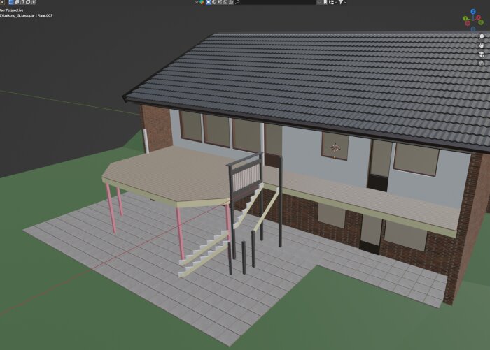 3D-modell av ett hus med en befintlig betongbalkong och ritad utökning med stödstolpar och trappa.