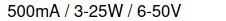 Teknisk specifikation för en dimbar produkt som visar 500mA och minsta last på 3-25W vid 6-50V.