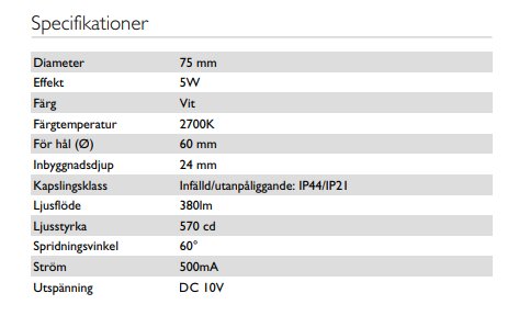 Specifikationstabell för MD-99 lampor med detaljer som diameter, effekt, ljusflöde och färgtemperatur.