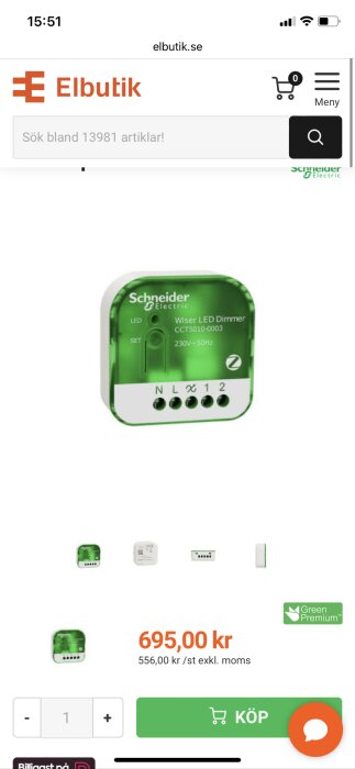 Screenshot av en Wiser LED Dimmer från Schneider Electric listad för 695,00 kr på elbutik.se.