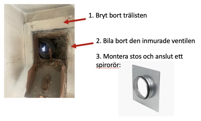 Öppning i vägg för ventilation med stegar för demontering och ny ventilmontageillustration.