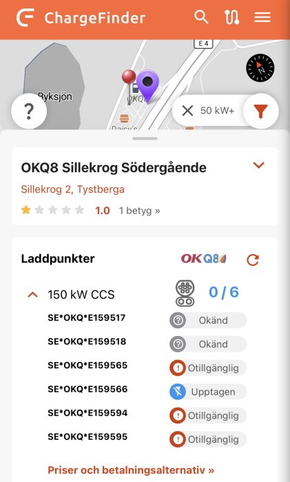 Skärmdump av ChargeFinder-app som visar trasiga laddstationer vid OKQ8 Sillekrog med lågt betyg.