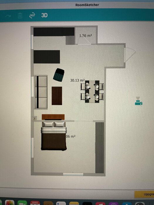 Ritning i RoomSketcher som visar en möblerad planlösning med vardagsrum, sovrum utan badrum och kök vid fönster.