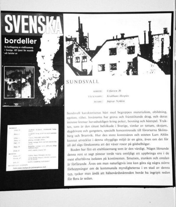 Svartvitt foto av en sida ur boken "Svenska bordeller" med text och illustrationer om Sundsvall.