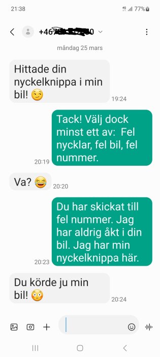 Skärmdump av ett SMS-samtal där mottagaren förklarar att de fått fel nummer och inte tappat några nycklar.