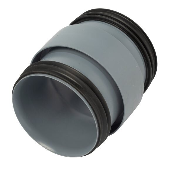 Grå skarvnippel för WC-avlopp, övergång från 100 till 110 mm med gummitätningar.
