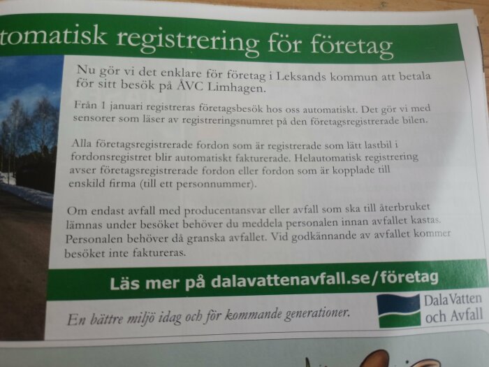 Broschyr från sopföretag om automatisk registrering för företag vid ÅVC Limhagen, text på svenska.