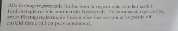 Text utdrag ur dokument gällande fakturering av fordon registrerade på företag eller enskild firma.